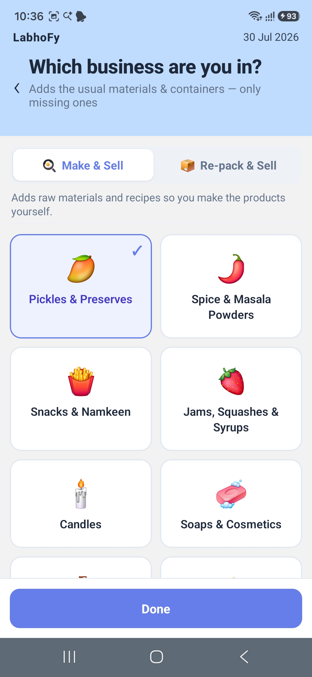 ട്രേഡ് തിരഞ്ഞെടുത്ത് Make & Sell അല്ലെങ്കിൽ Re-pack & Sell തിരഞ്ഞെടുക്കുന്ന LabhoFy ബിസിനസ് സെറ്റപ്പ്
