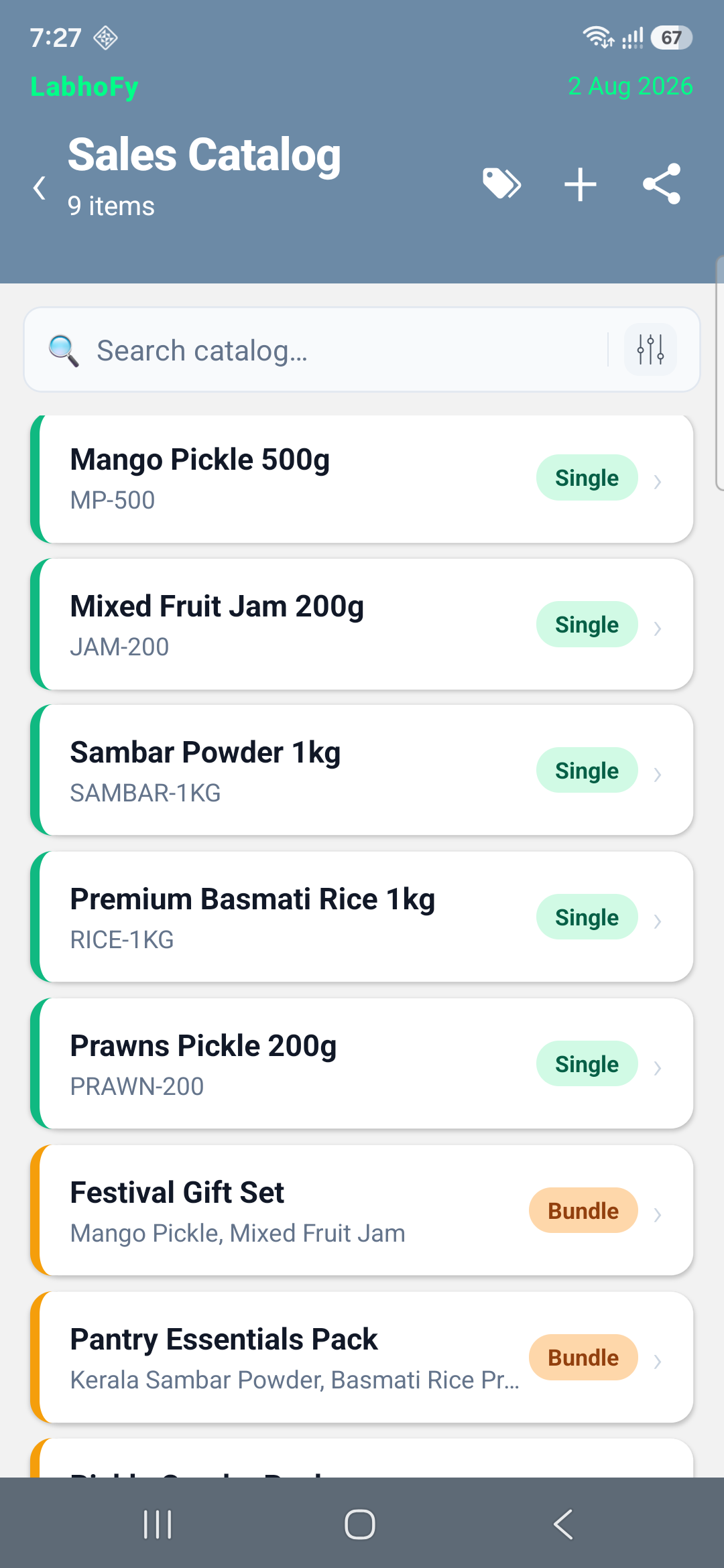 ഒറ്റ ഉൽപ്പന്നങ്ങളും കോംബോ ബണ്ടിലുകളും ലിസ്റ്റ് ചെയ്യുന്ന LabhoFy Sales Catalog
