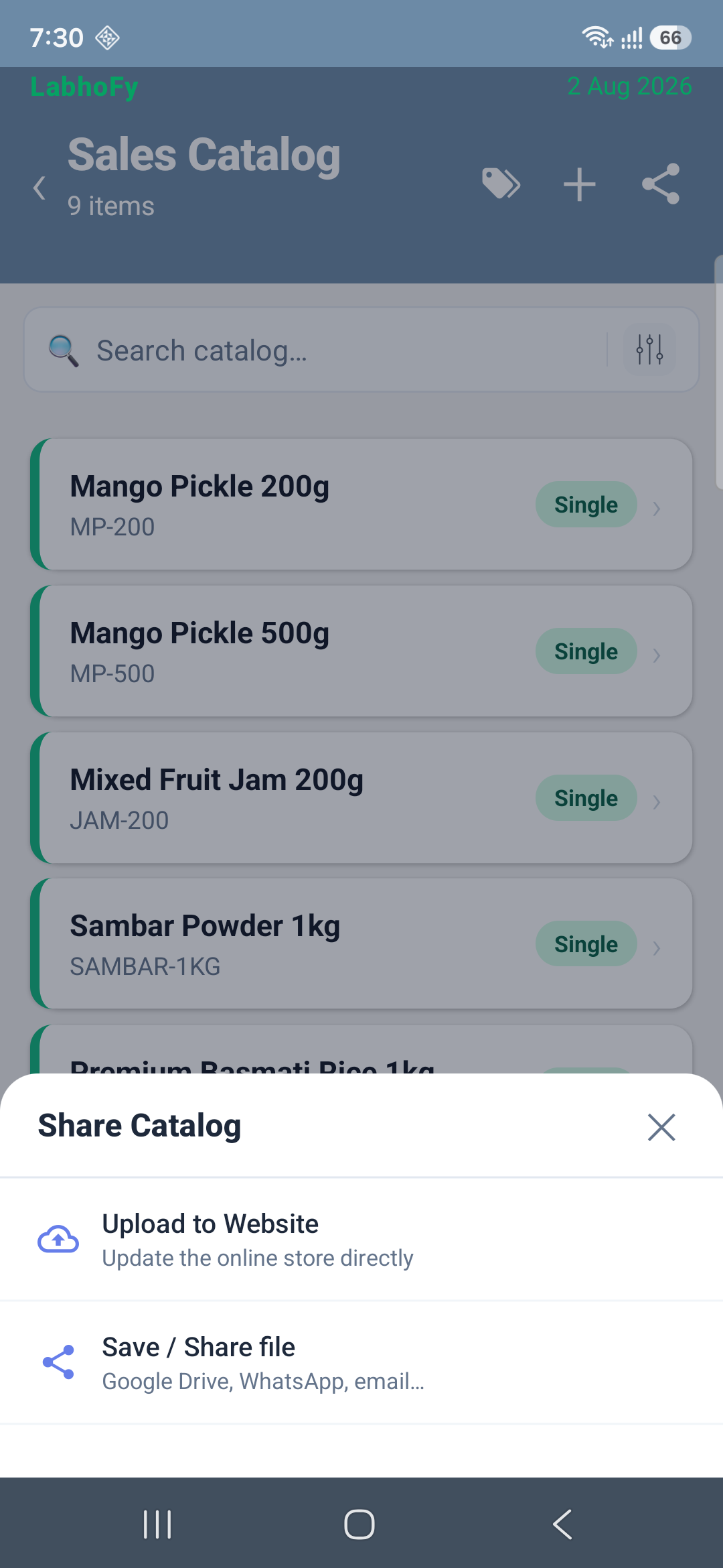 LabhoFy Share Catalog മെനു — Upload to Website അല്ലെങ്കിൽ Save / Share file