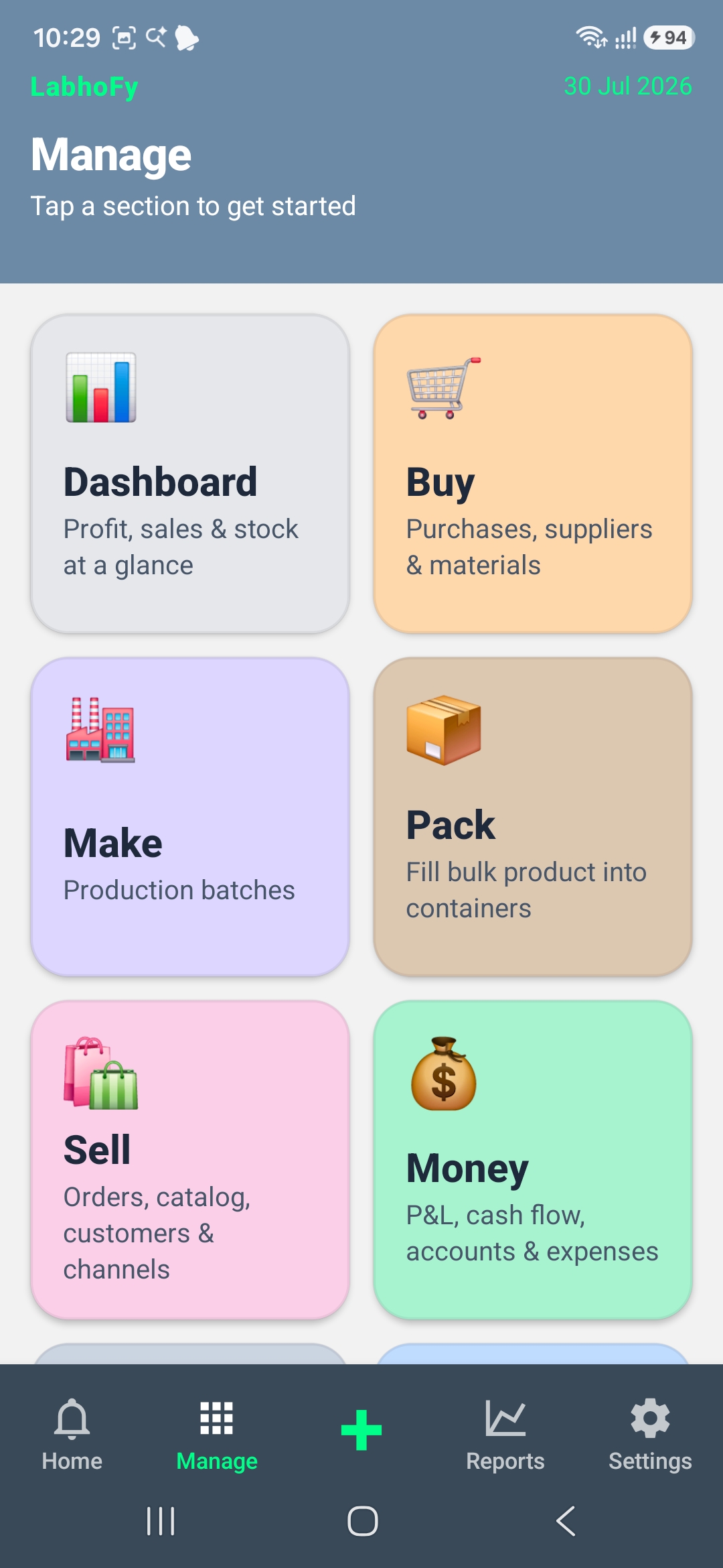 Dashboard, Buy, Make, Pack, Sell, Money വിഭാഗങ്ങളുള്ള LabhoFy Manage സ്ക്രീൻ