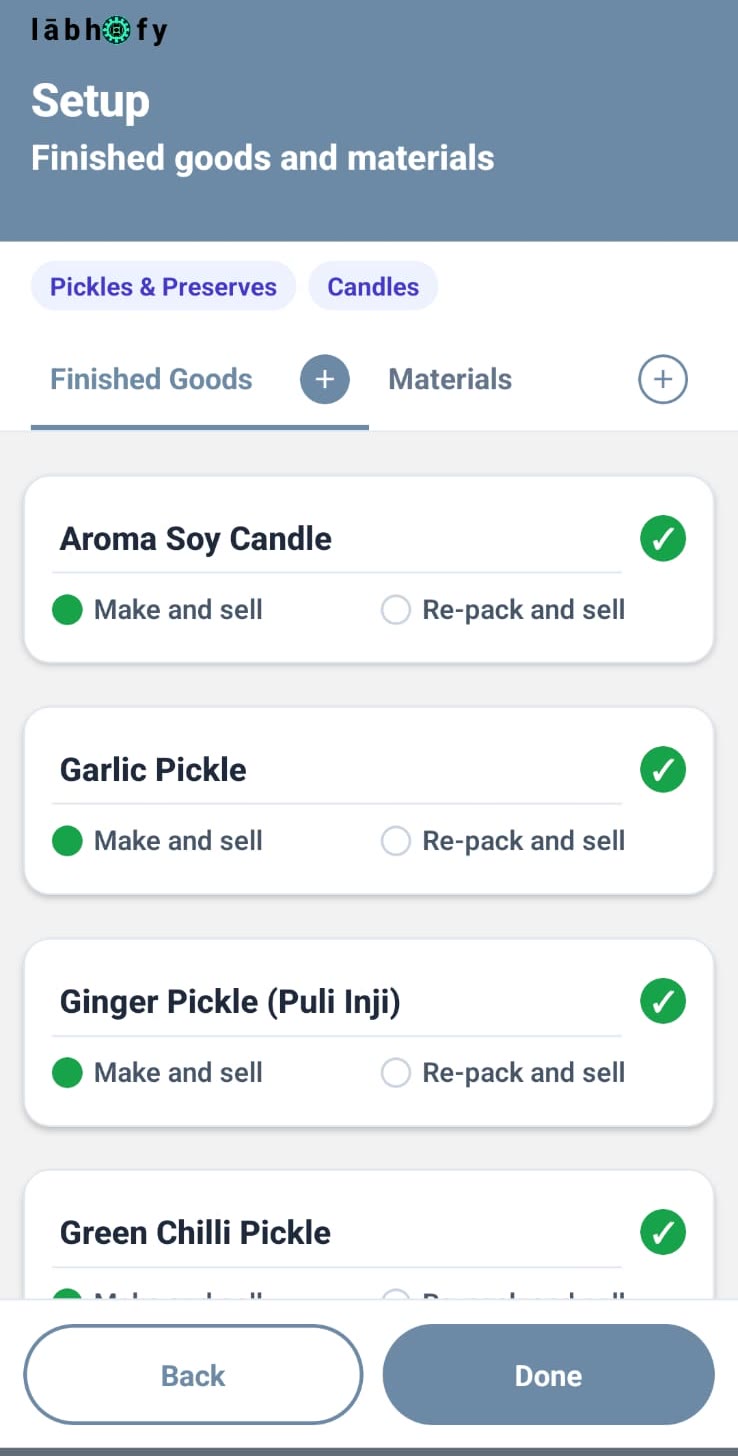 lābhofy setup - the finished goods pre-loaded for your trade, each set to Make and sell or Re-pack and sell