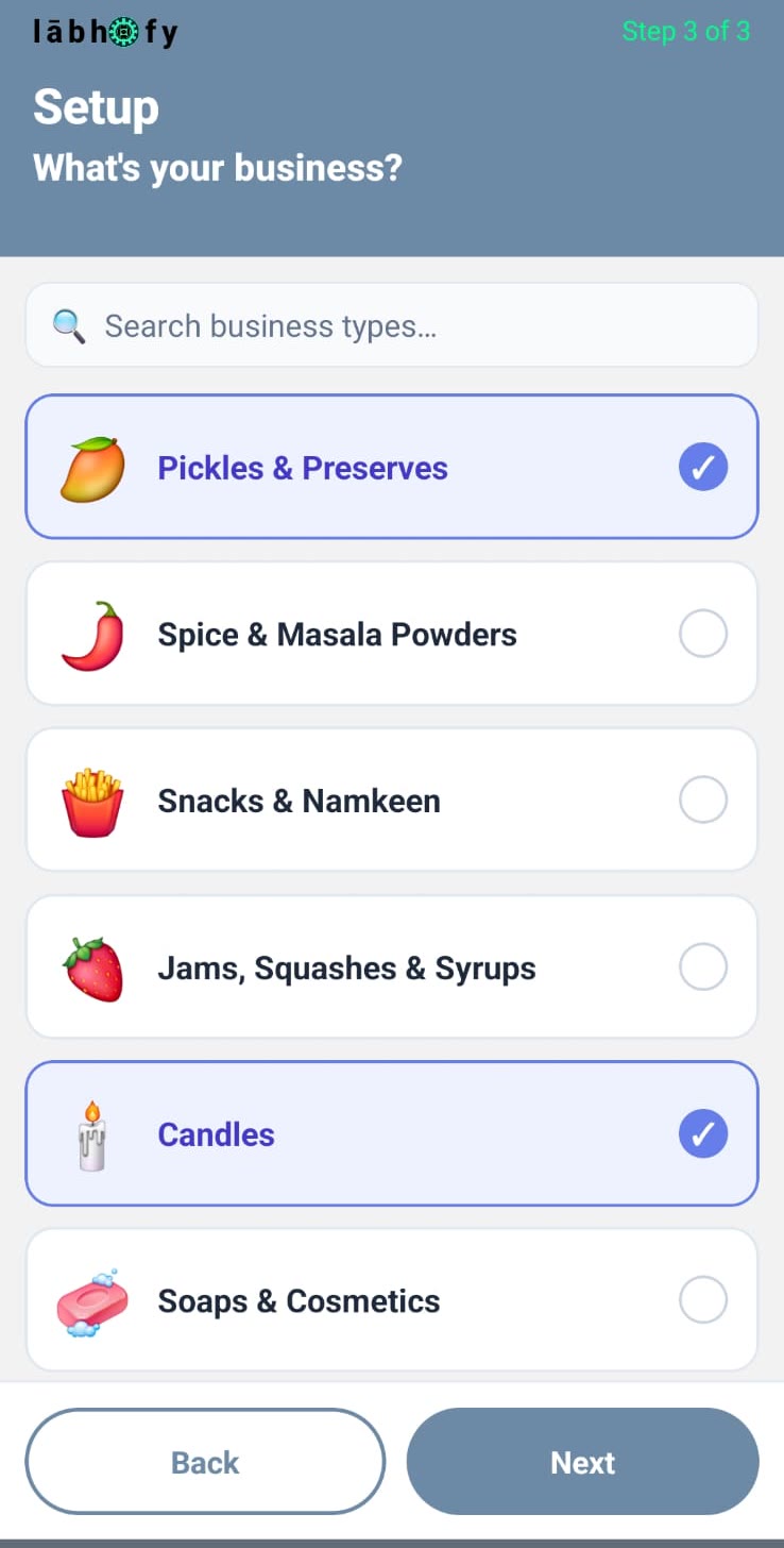 lābhofy setup - what's your business? Pick from Pickles & Preserves, Spice Powders, Snacks, Jams, Candles, Soaps and more